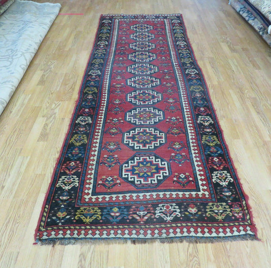 USED 3' 3" X 10' Hand-Knotted Antique Handmade Caucasian Kazak Wool Runner Rug