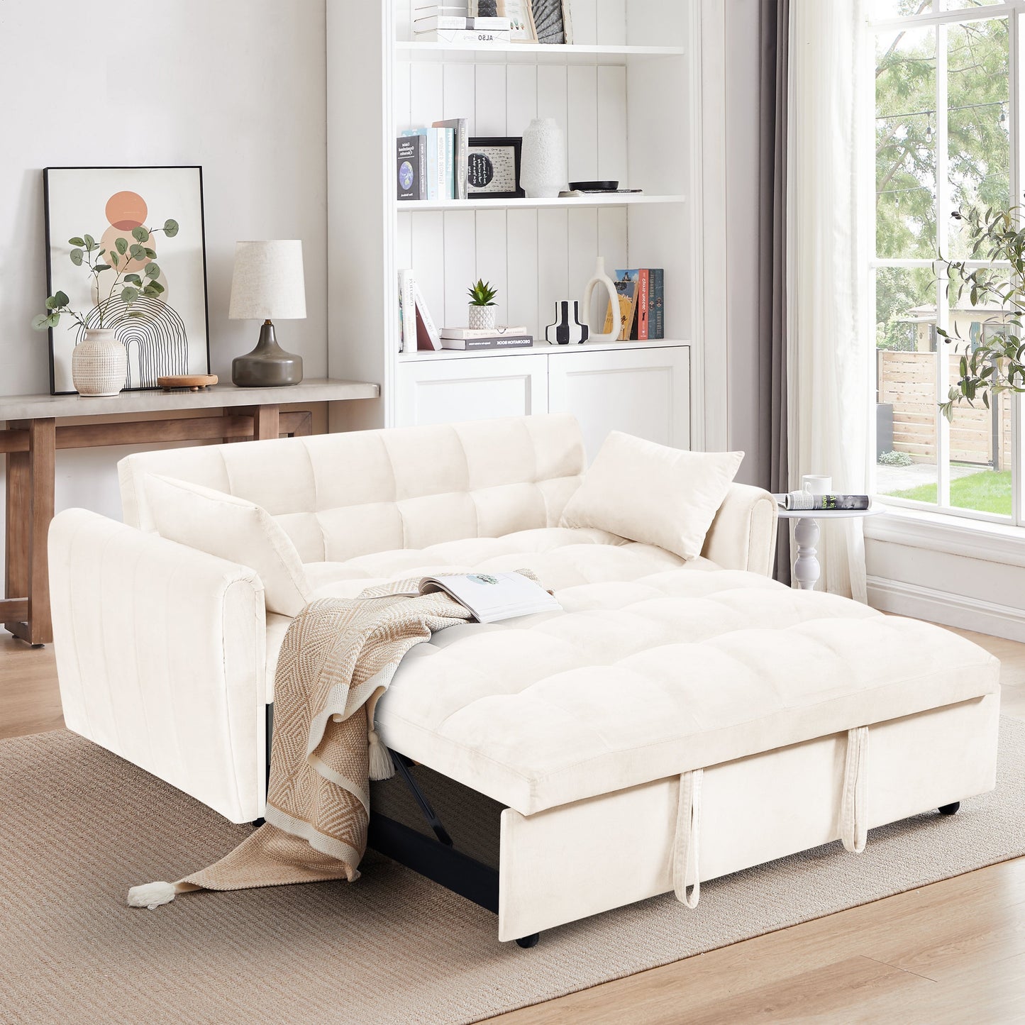 NEW 65'3-in-1 foldable large size sofa bed, modern velvet double sofa, sofa bed with adjustable back, storage bag and pillow, suitable for living room, bedroom (beige)