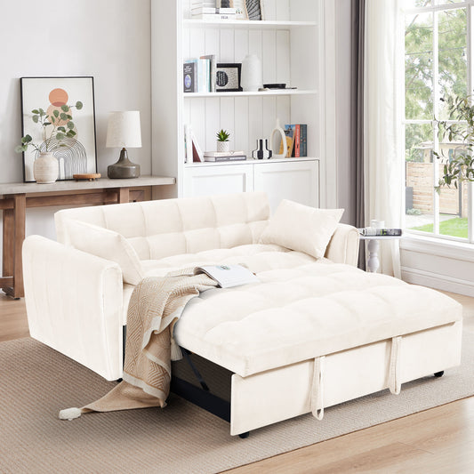NEW 65'3-in-1 foldable large size sofa bed, modern velvet double sofa, sofa bed with adjustable back, storage bag and pillow, suitable for living room, bedroom (beige)