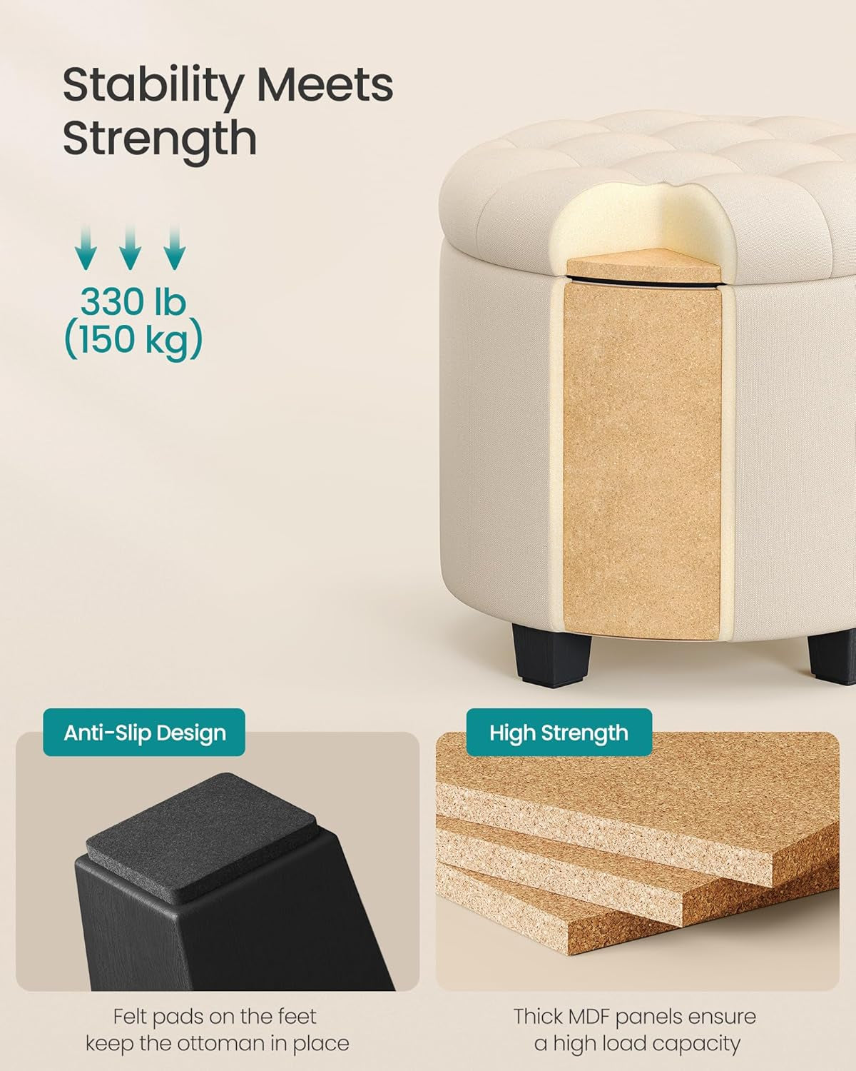 NEW Round Ottoman With Durable Storage Linen-Look Beige