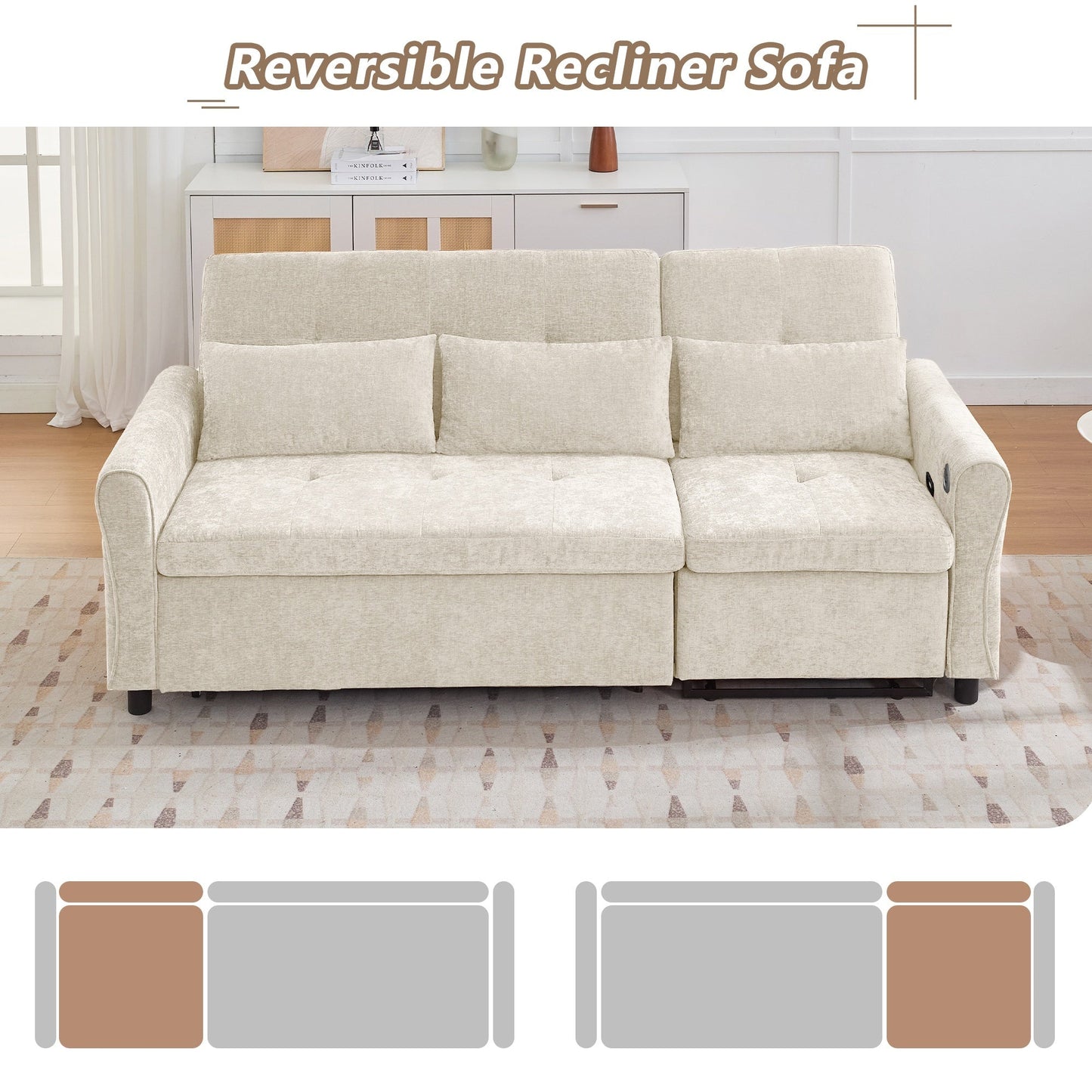 NEW Beige 82' Chenille Upholstered Two-in-One  Three-Seat Sofa with Pull-out Bed