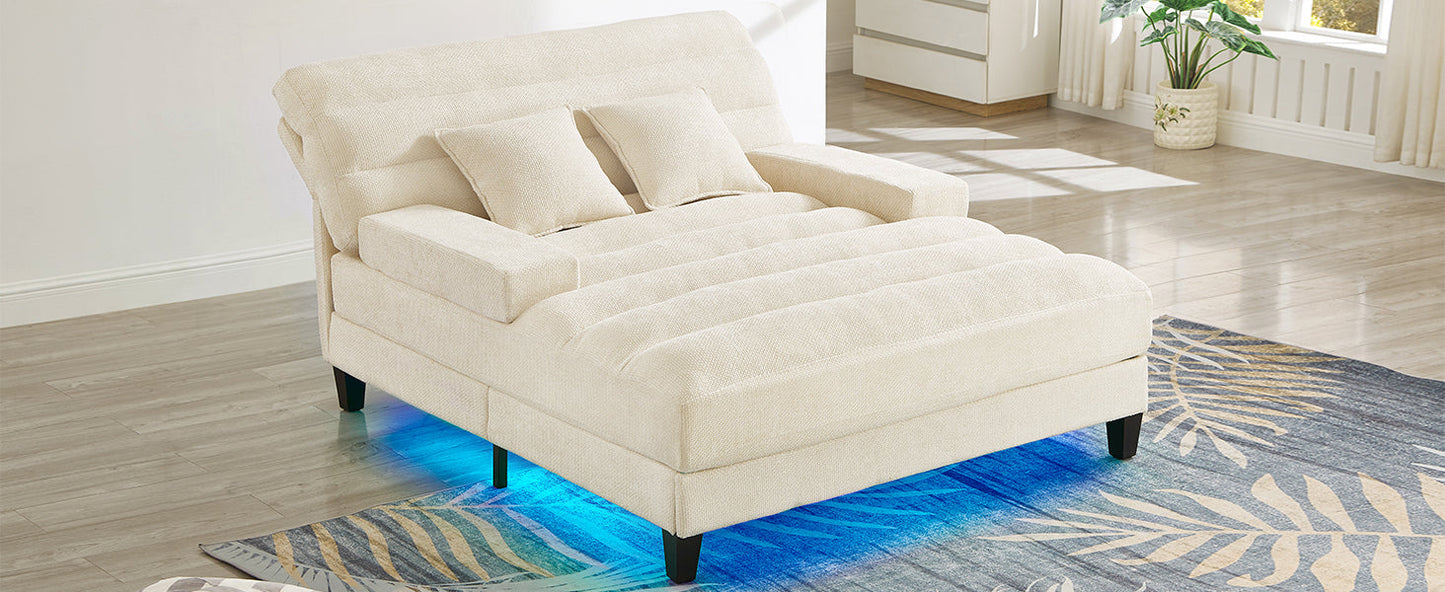 NEW Modern Beige Chaise Lounge Sofa 57.1' Bed Chenille Upholstered Lounge Chair with Adjustable Backrest and LED Light Strip