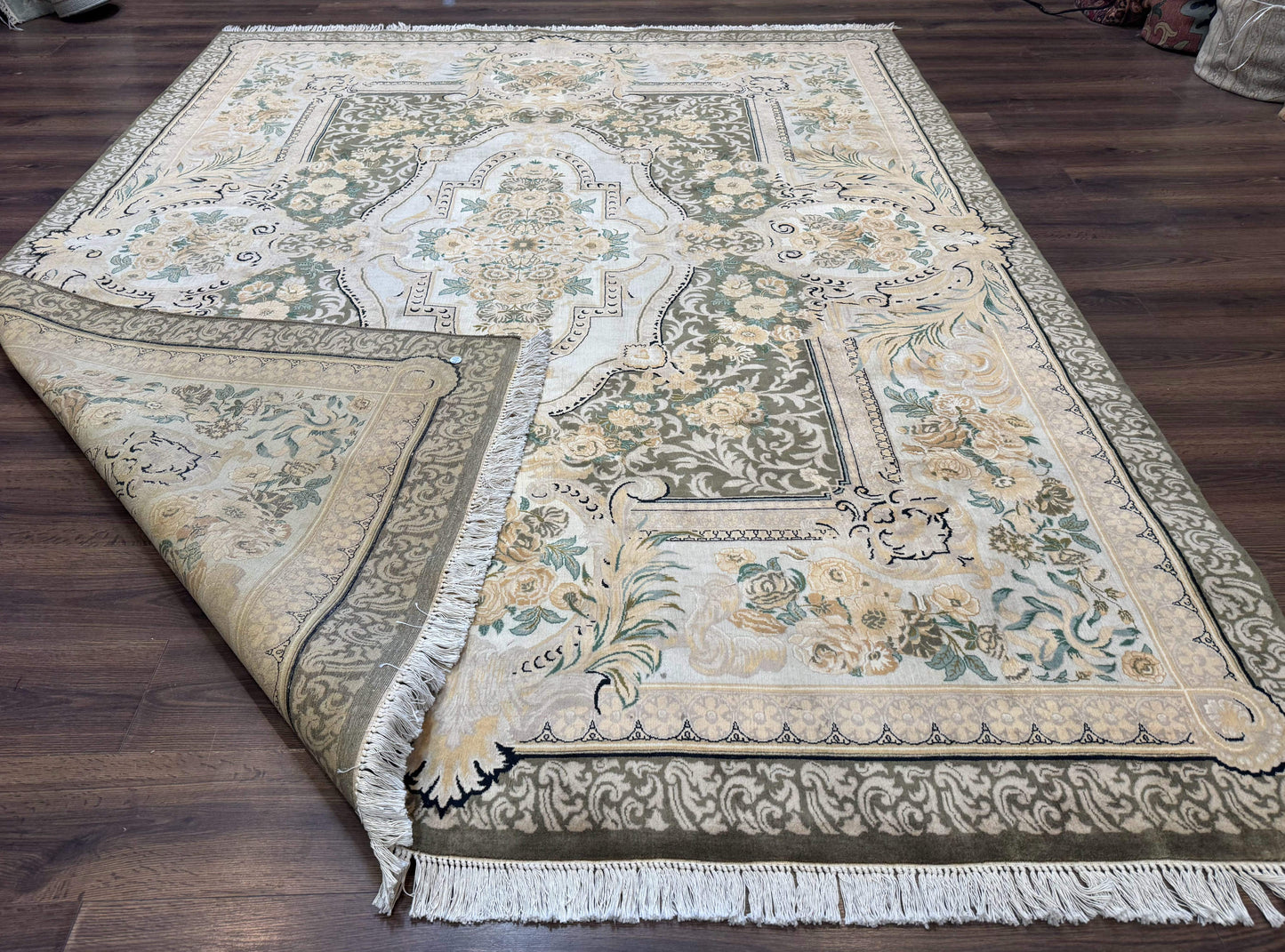 USED Aubusson Rug 8x10, Very Fine 225 KPSI, Floral, French European Design, Pakistani Carpet