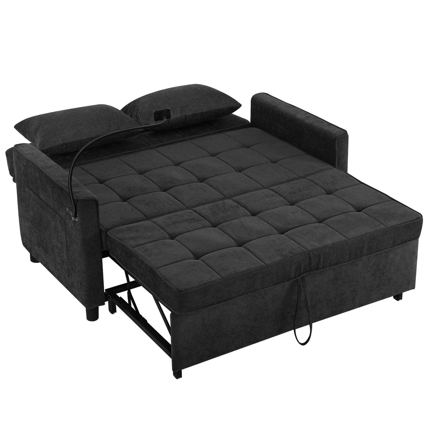 NEW Contemporary 56.9' Loveseat Sofa Bed Sleeper with Reversible Backrest, Side Pockets, USB Ports, Phone Holder, Black Chenille