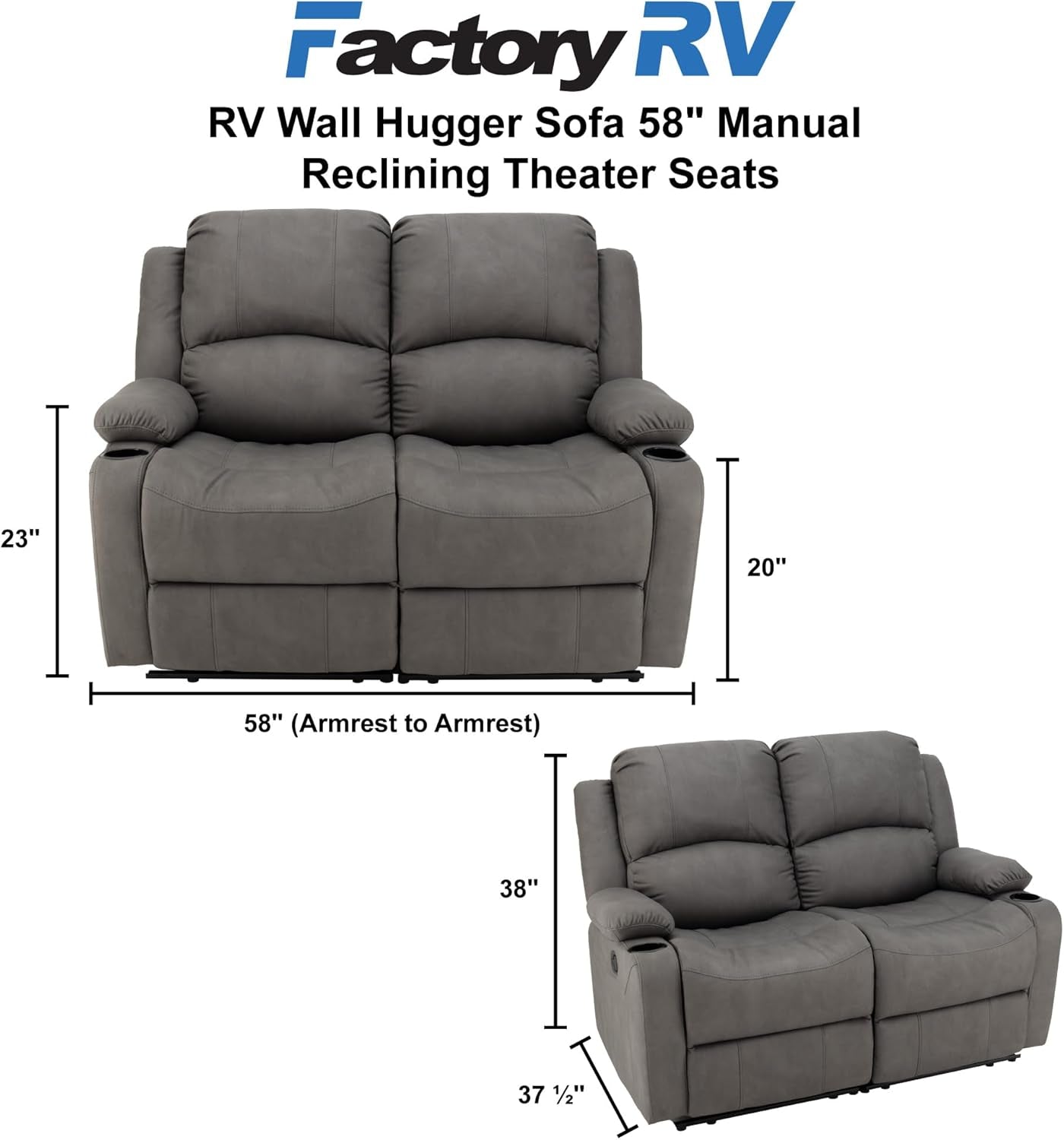 NEW 58 Inch Wall Hugger Double Recliner RV Theater Seats Slate