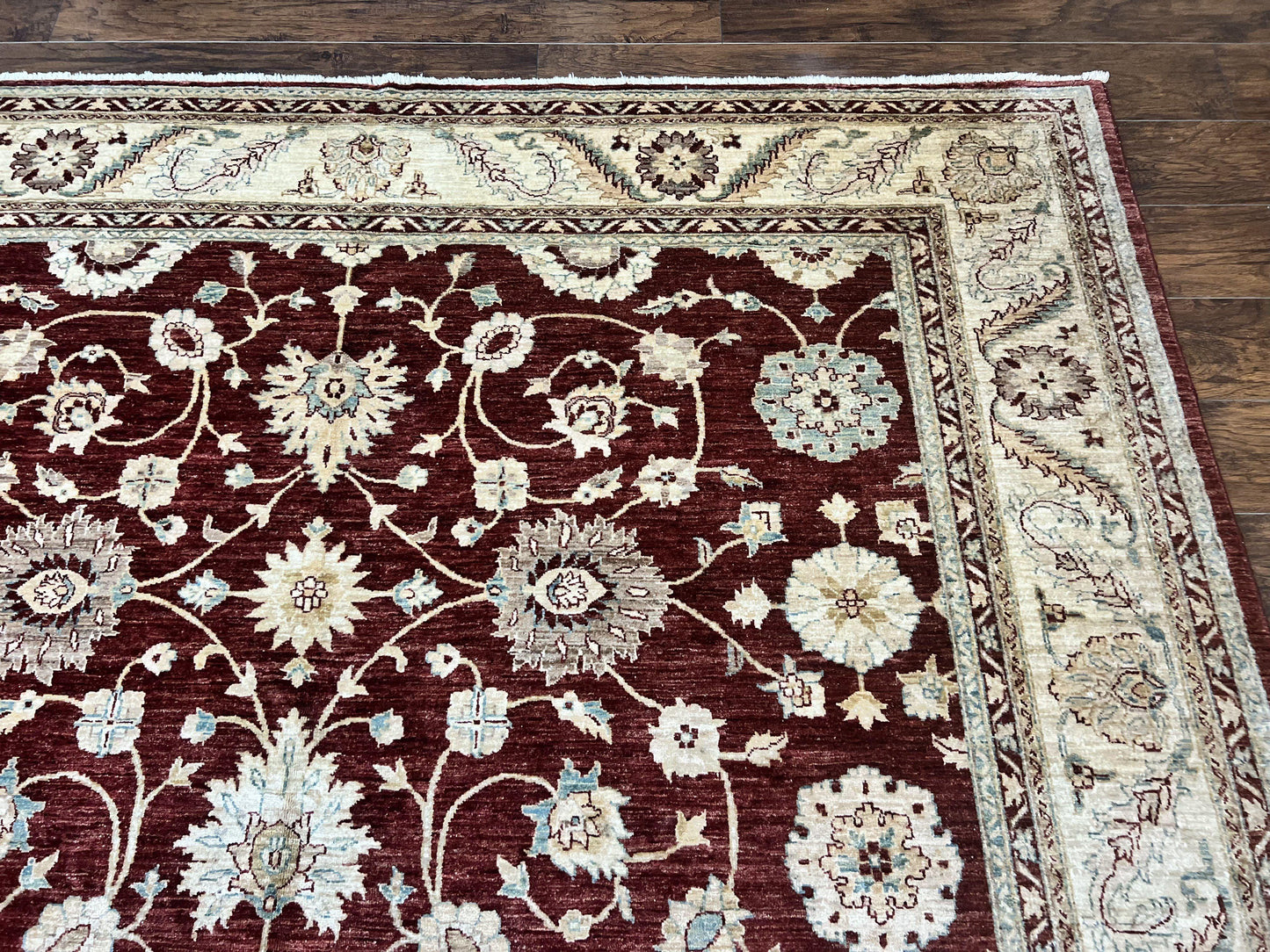 USED Peshawar Rug 9x11, Pakistani Oriental Carpet, Maroon and Beige, Floral Allover, Wool Hand Knotted Handmade Vintage Rug