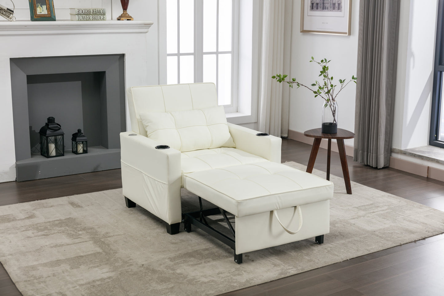 NEW Futon Chair Bed Convertible Chair 3-in-1 Pull Out Sleeper Chair Beds with USB Ports,Wear-resistant and Anti-scratch,  Armchair Bed Sleeper for Living Room (White Leather)