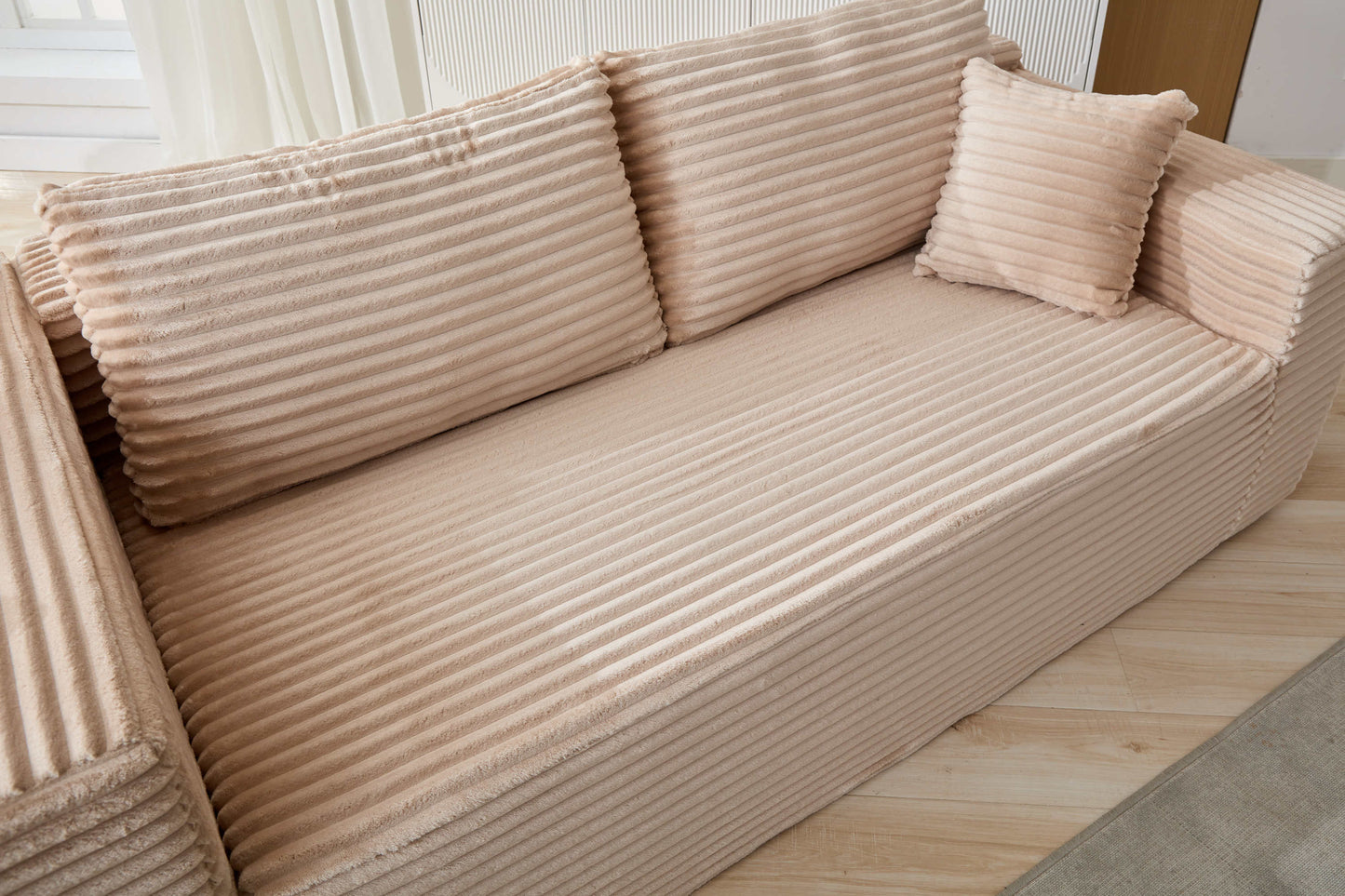 NEW Compression Sectional Couch with Comfy Chaise, Boneless L Shape Sofa with Deep Seat, Minimalist Modular Couches Sleeper for Living Room Bedroom Apartment Lounge,corduroy,Beige