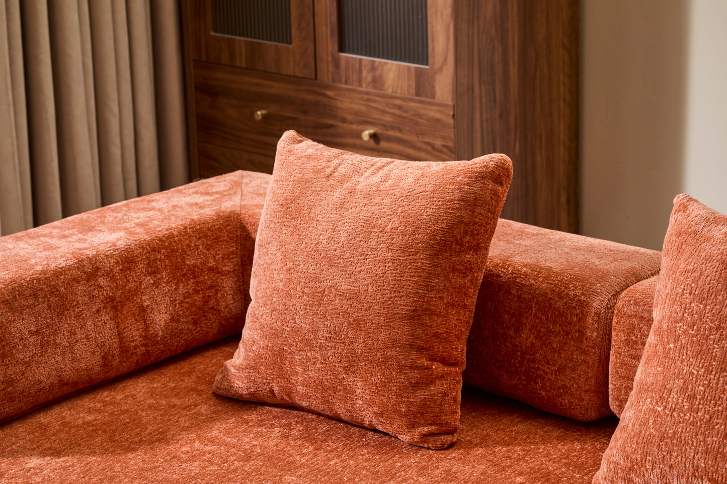 NEW Orange Chenille Fabric Comfy Futon Couch Lounge Sleeper Compression Convertible Floor Sofa Bed Couch with Pillow Back Support Armrest Bed