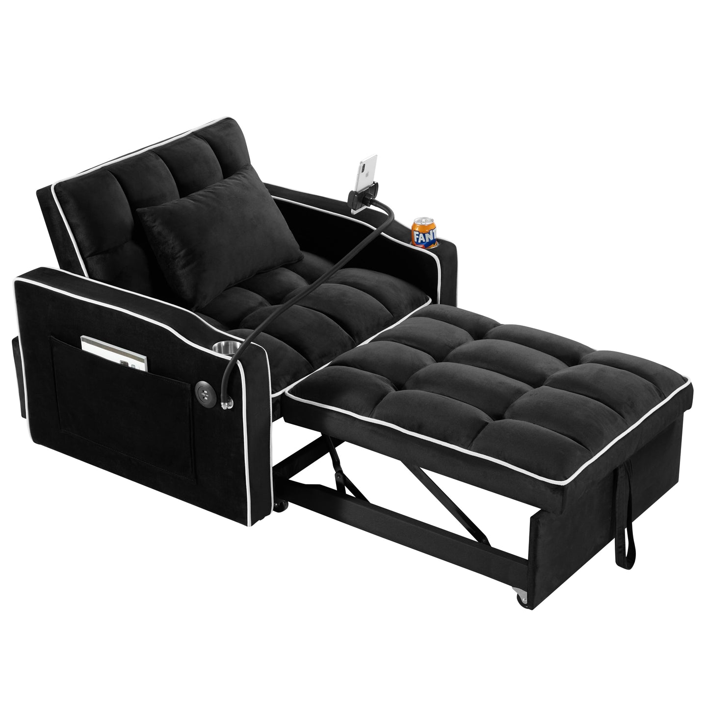 NEW Black Velvet Convertible Adjustable Sleeper Chair Pull Out Sofa Bed with Multi-Pockets