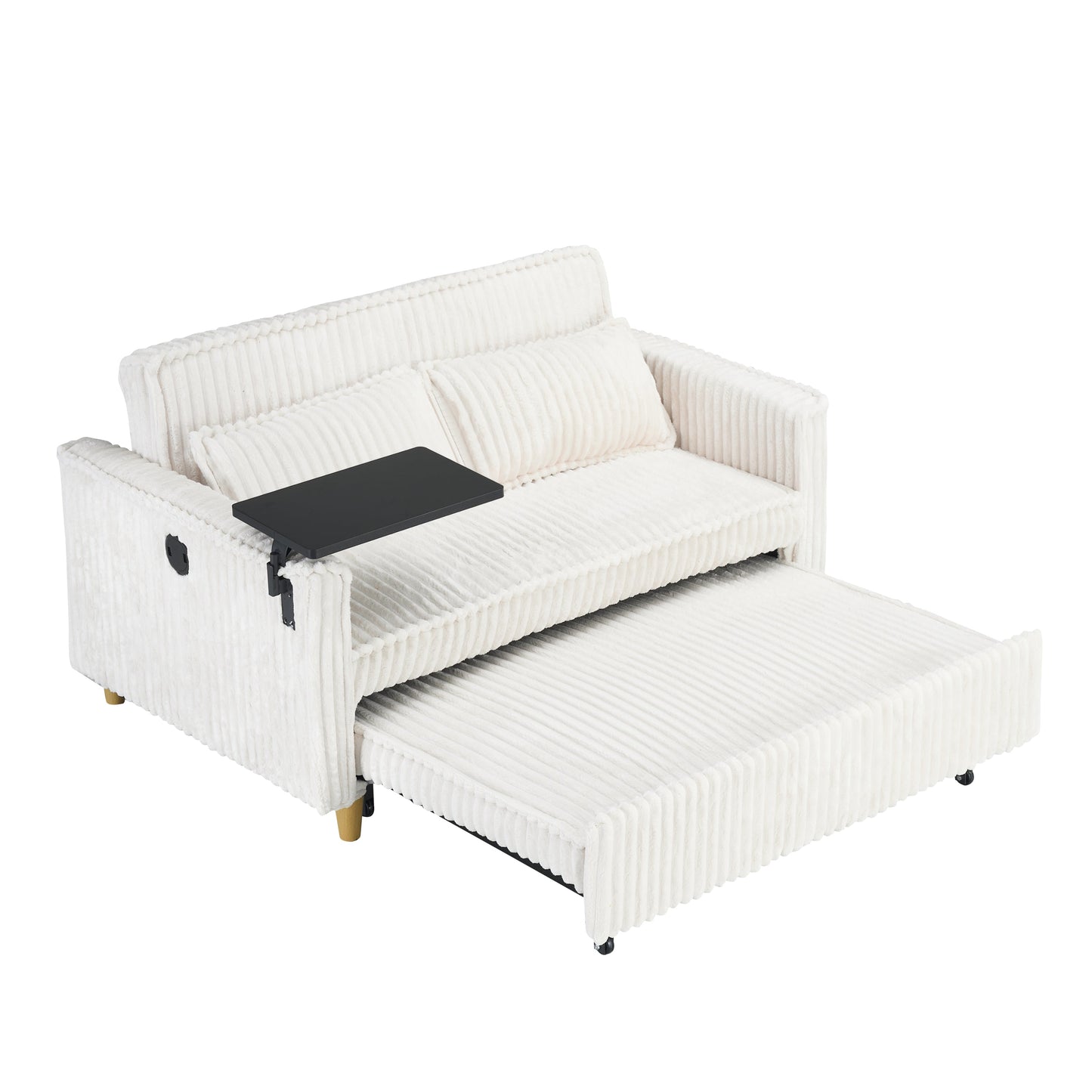 NEW Pull-out Push-in Beige Corduroy Sofa with Dual Functions Movable Tabletop and USB Ports