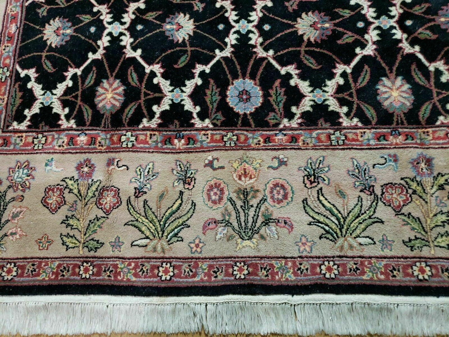 USED 6' X 9' Handmade India Floral Oriental Wool Rug Carpet Hand Knotted Nice Black