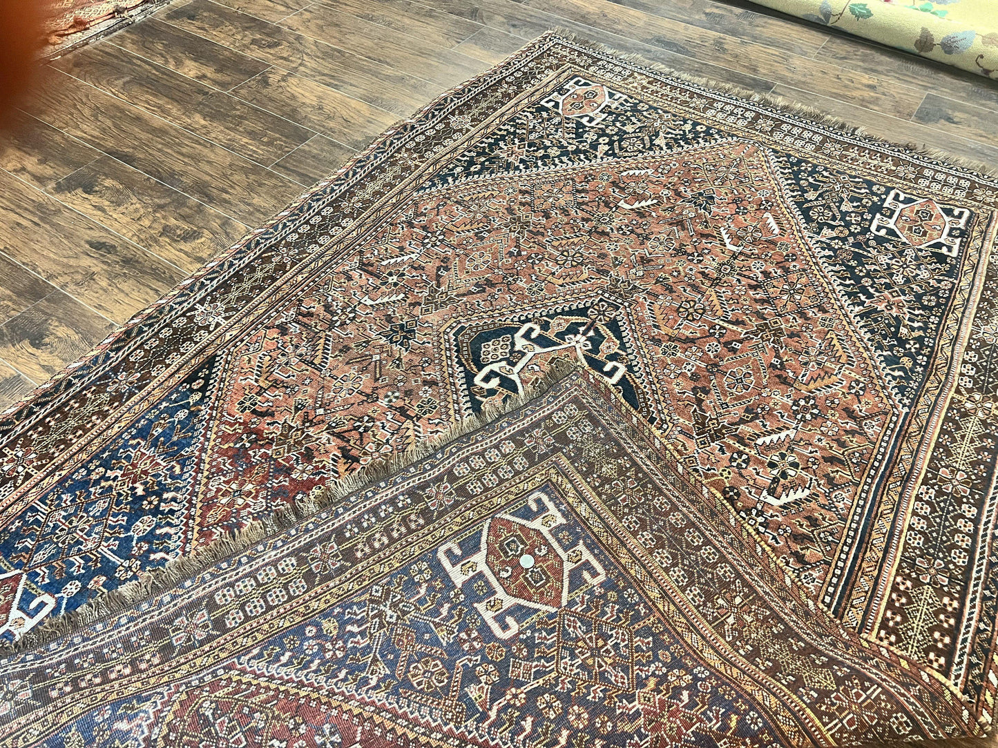 USED Antique Persian Shiraz Tribal Rug 6x8, Geometric Rug, Wool Handmade Hand Knotted Carpet, Red Blue