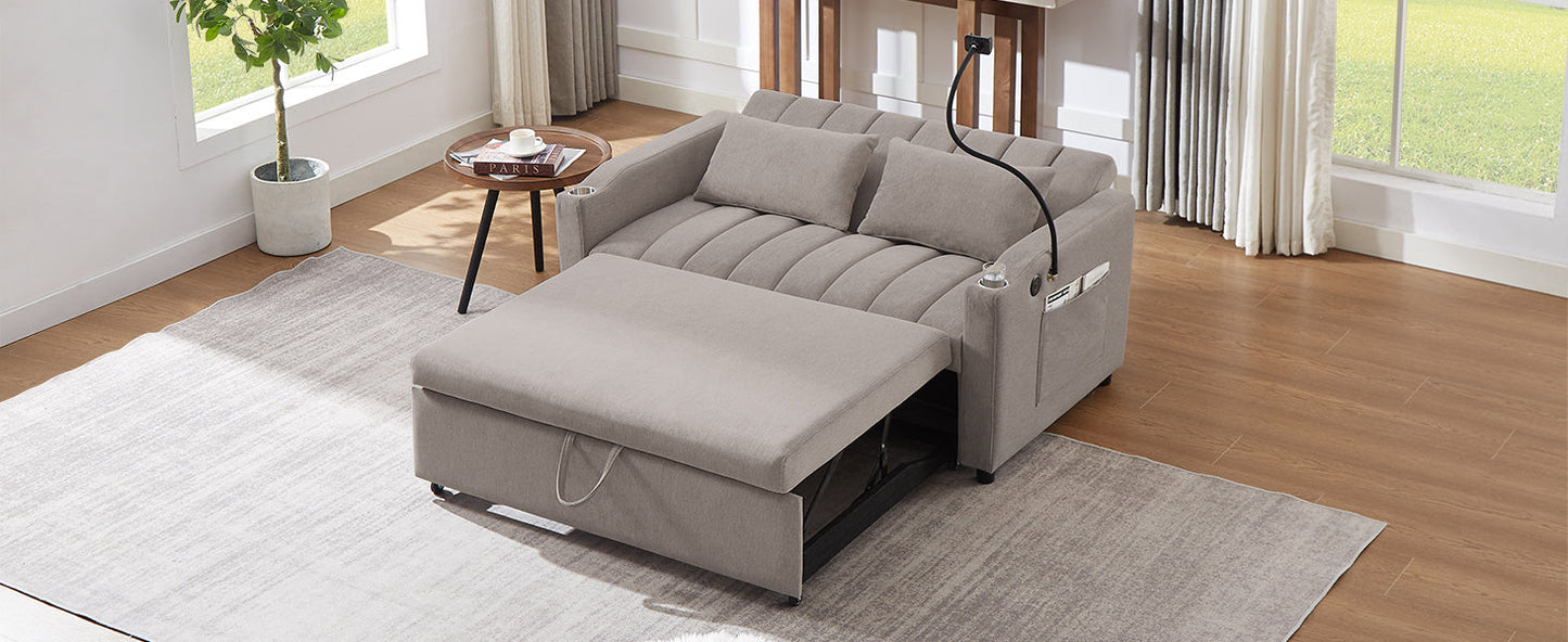 NEW Convertible Sofa Bed Loveseat with USB Ports, Side Pockets, Cup Holders & Swivel Phone Holder, Light Grey Bella Fabric