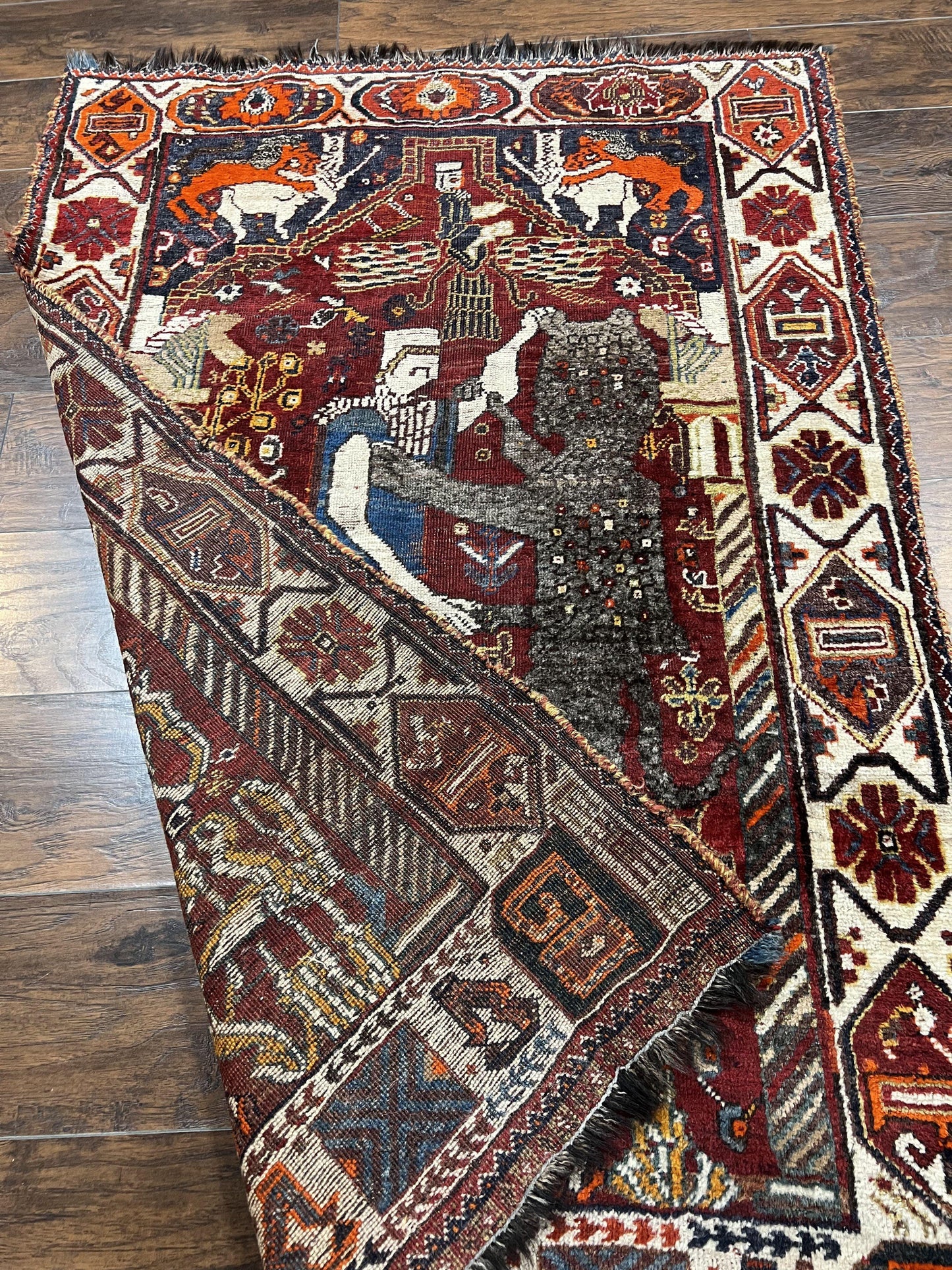 USED Antique Persian Shiraz Pictorial Rug 3.6 x 5, Persian Tribal Rug, Handmade, Lions, Highly Unique Collectible Small Persian Carpet, Maroon, Wool