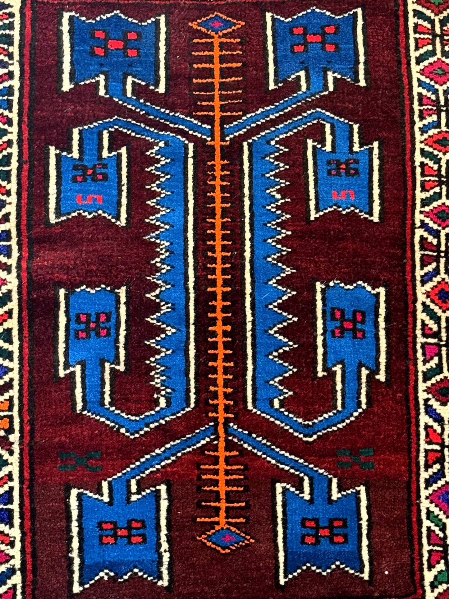 USED Persian Tribal Rug 1.8 x 2, Small Balouchi Rug, Unique Design, Burgundy and Blue