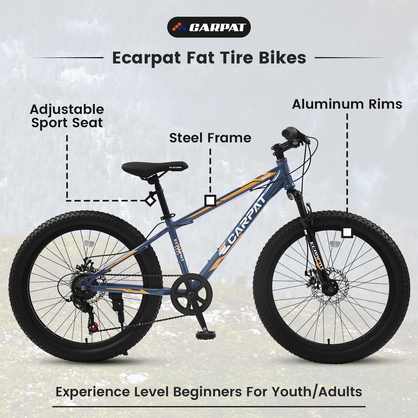 NEW  S24109 Elecony 24 Inch Fat Tire Bike Adult/Youth Full Shimano 7 Speeds Mountain Bike, Dual Disc Brake, High-Carbon Steel Frame, Front Suspension, Mountain Trail Bike, Urban Commuter City Bicycle