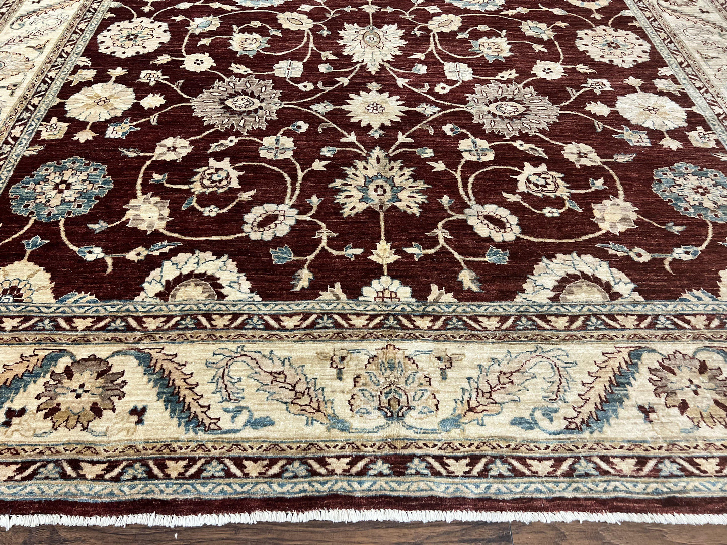 USED Peshawar Rug 9x11, Pakistani Oriental Carpet, Maroon and Beige, Floral Allover, Wool Hand Knotted Handmade Vintage Rug