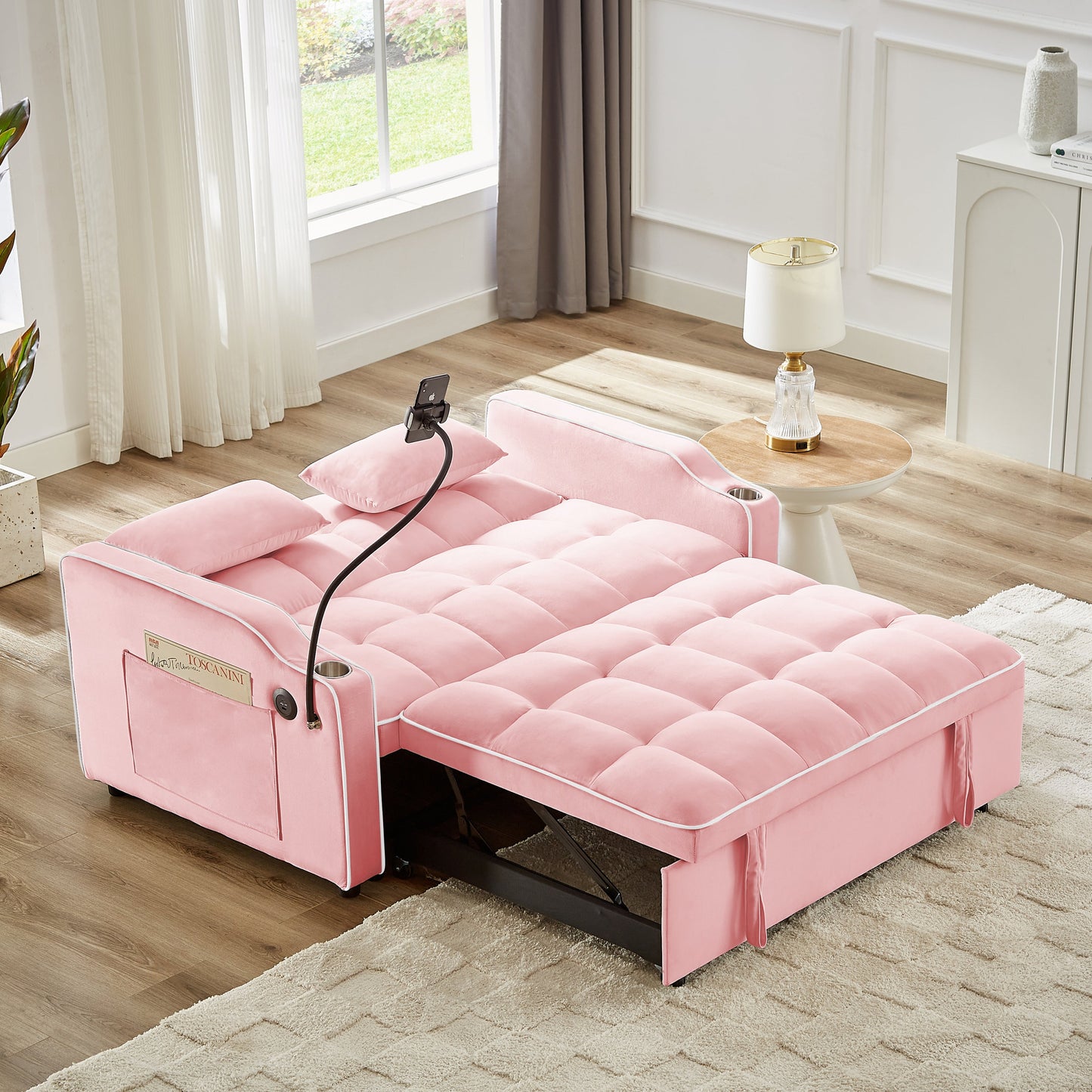 NEW 1 versatile foldable sofa bed in 3 lengths, modern sofa sofa sofa velvet pull-out bed, adjustable back and with USB port and ashtray and swivel phone stand (pink)