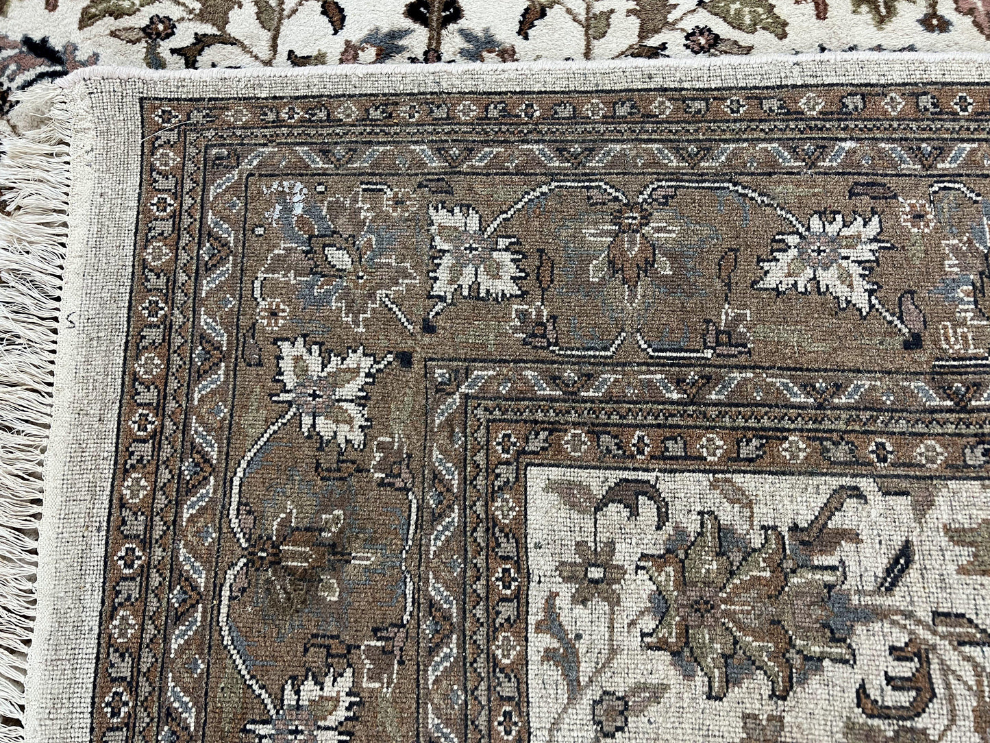 USED Indo Kirman Rug 8x12 Allover Floral Design, Ivory/Cream Brown, Vintage Handmade Hand Knotted Rug, Traditional Wool Persian Carpet 8 x 12