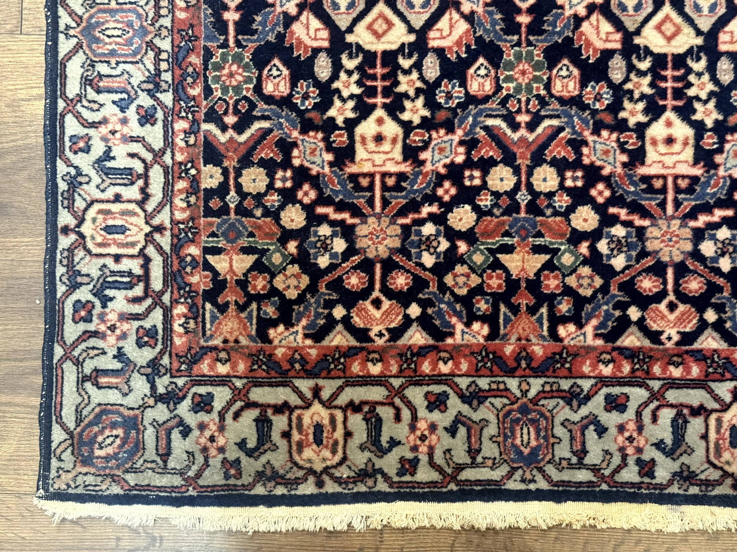 USED Indo Persian Runner Rug 2.8 x 12, Navy Blue, Floral, Fine 270 KPSI