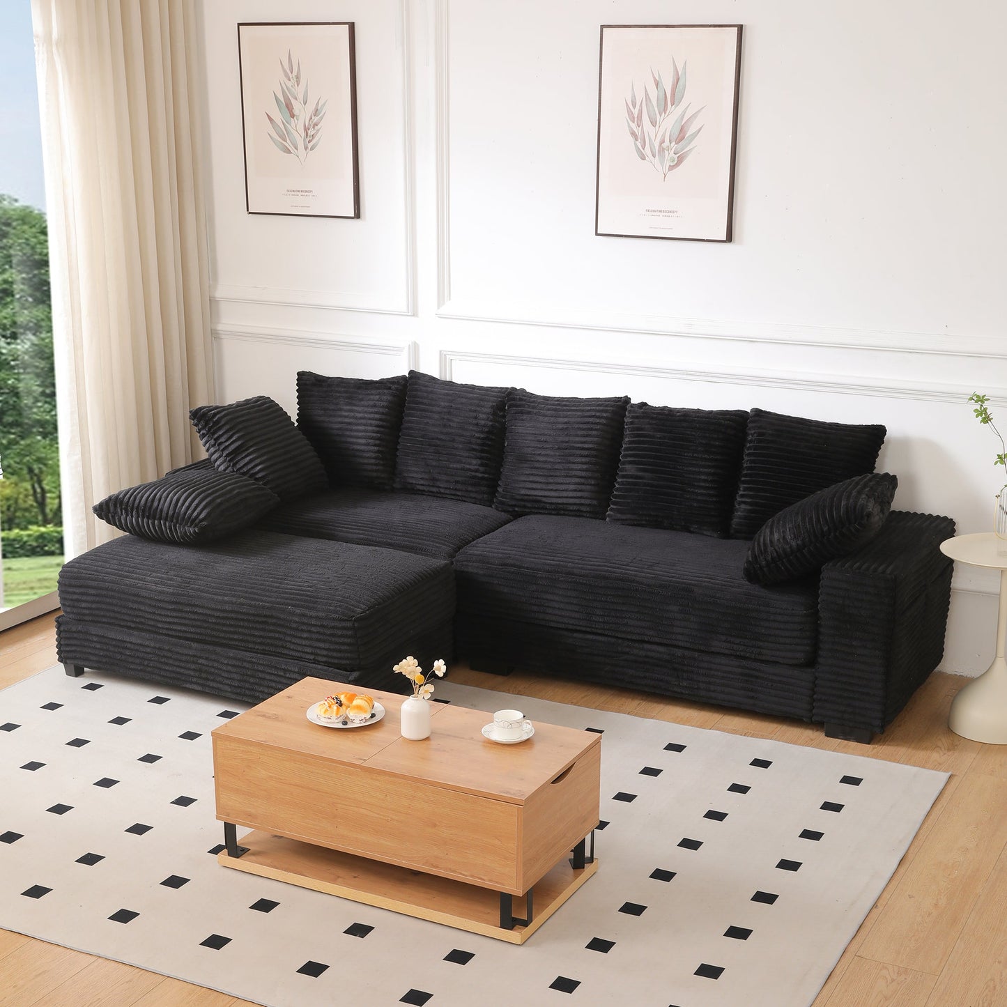 NEW 108.6' Black Thickened Corduroy L-shaped Chaise Sectional Sofa Couch with Storage Ottoman Eight Throw Pillows