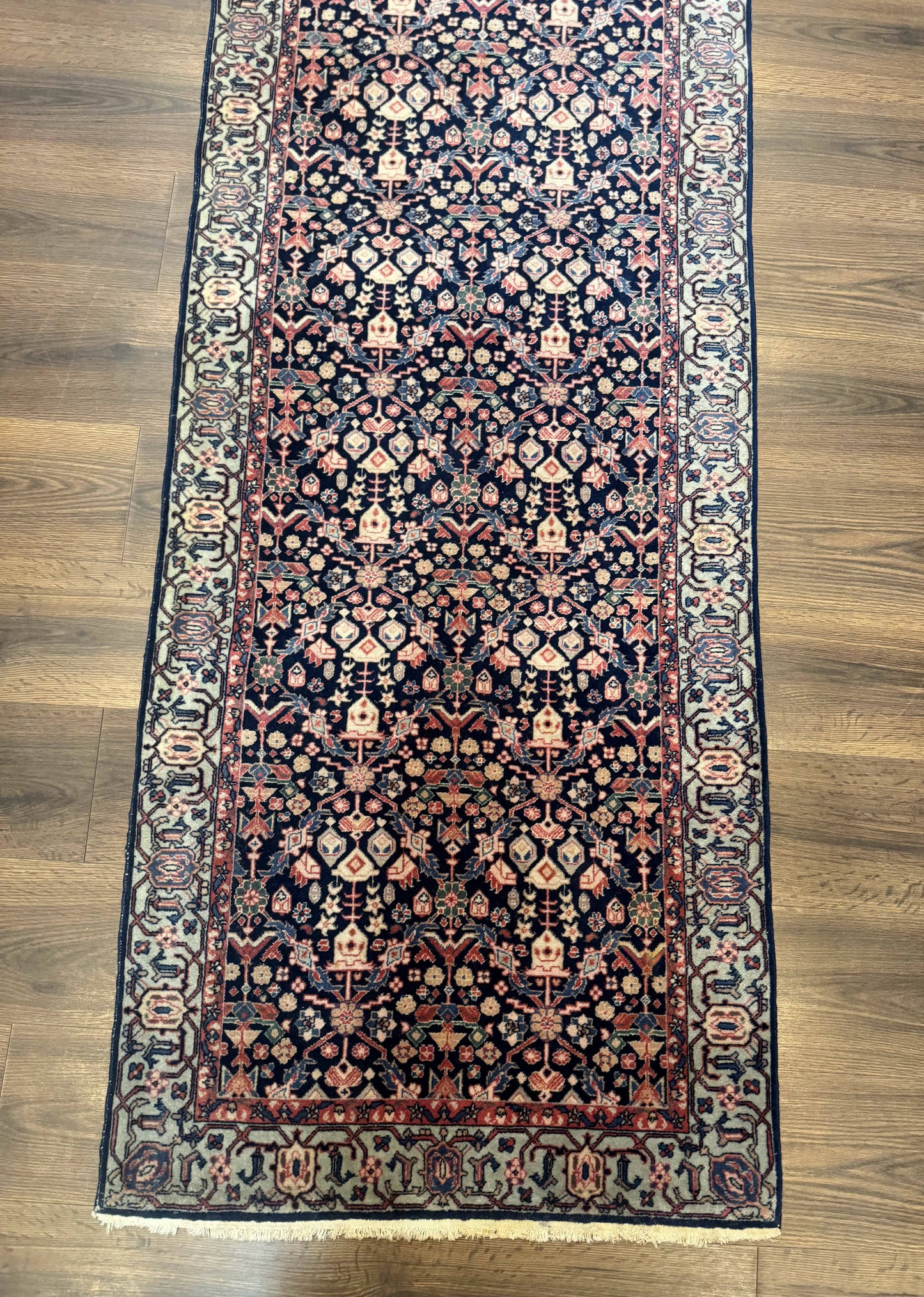USED Indo Persian Runner Rug 2.8 x 12, Navy Blue, Floral, Fine 270 KPSI