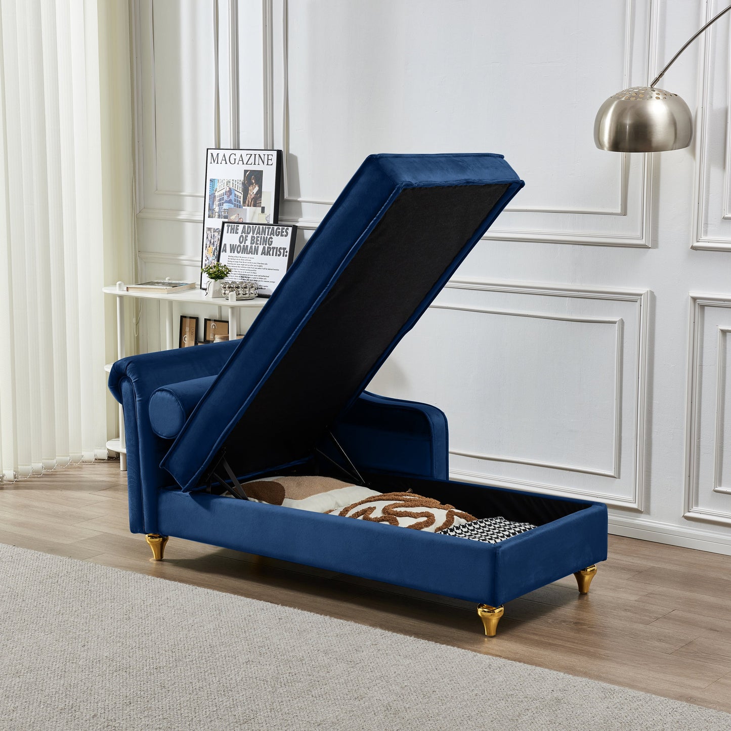 NEW Modern Upholstery Chaise Lounge Chair with Storage Velvet (Navy Blue)