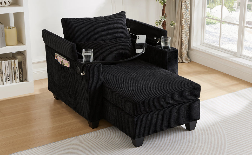 NEW Convertible Chaise Lounge Sofa Chair Bed with USB Ports, Cup Holders & Storage, Black Corduroy, 37.4'