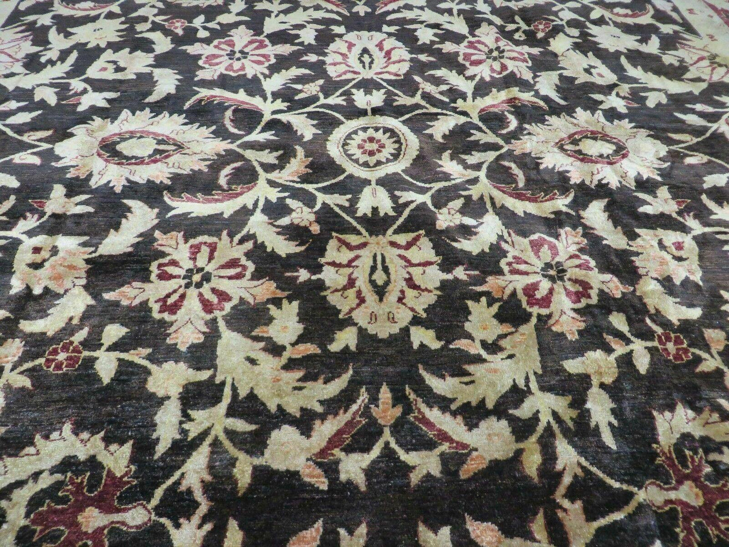 USED 11' X 15' Vintage Hand Knotted Indian Agra Wool Rug Hand Made Dark Brown Floral