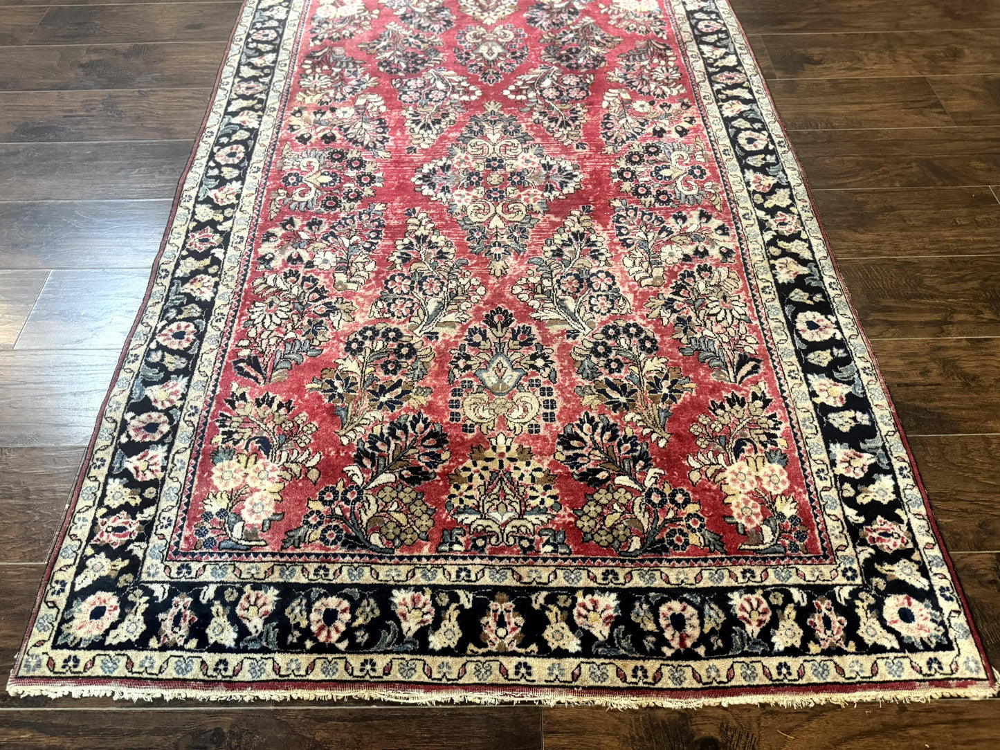 USED Antique Persian Sarouk Rug 4x7, Floral, Red 1920s Persian Wool Carpet