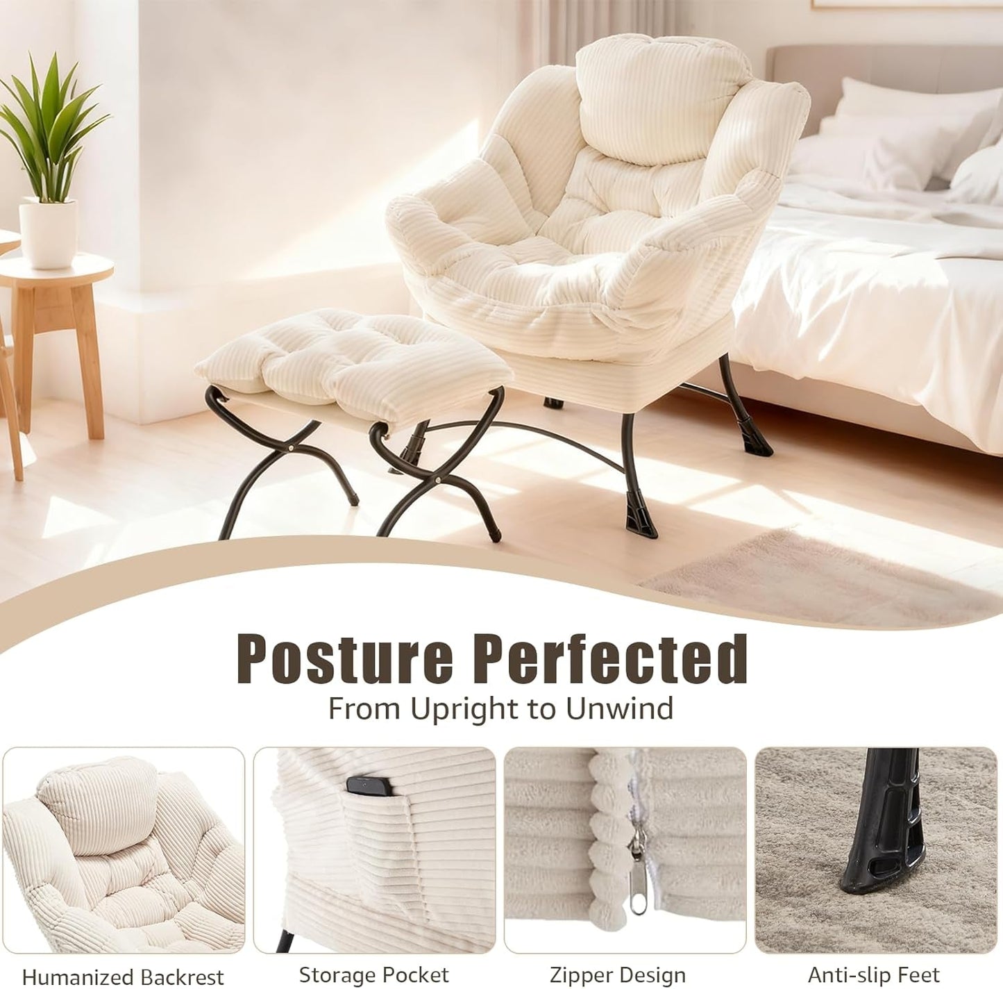 NEW Large Corduroy White Armchair With Ottoman Footrest