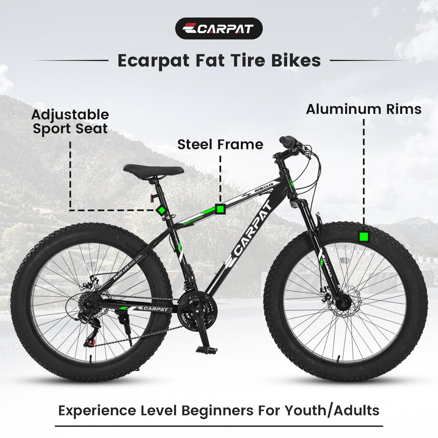 NEW S26109 Elecony 26 Inch Fat Tire Bike Adult/Youth Full Shimano 21 Speed Mountain Bike, Dual Disc Brake, High-Carbon Steel Frame, Front Suspension, Mountain Trail Bike, Urban Commuter City Bicycle