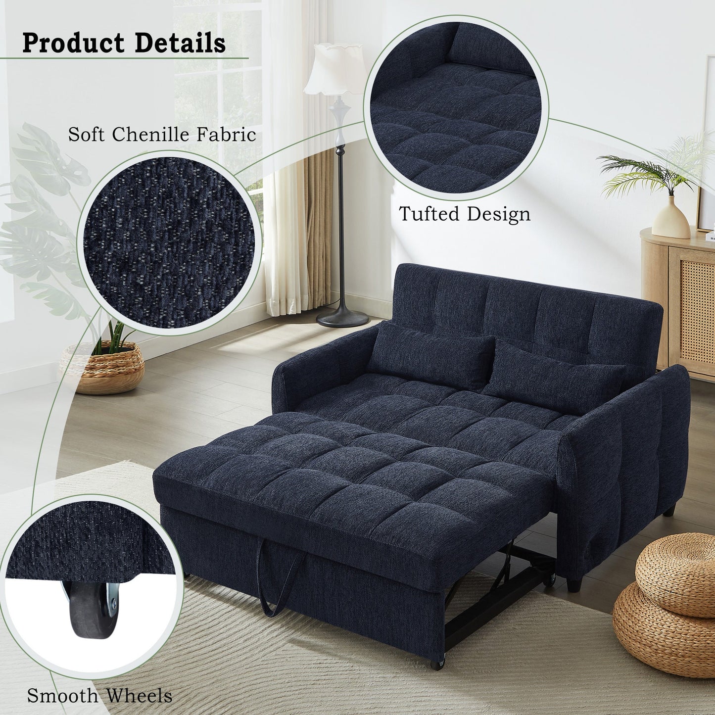NEW Modern Loveseat Sofa Pull-out Bed with Adjustable Backrest, USB Ports, Lumbar Pillows, Blue Chenille, 52.8'