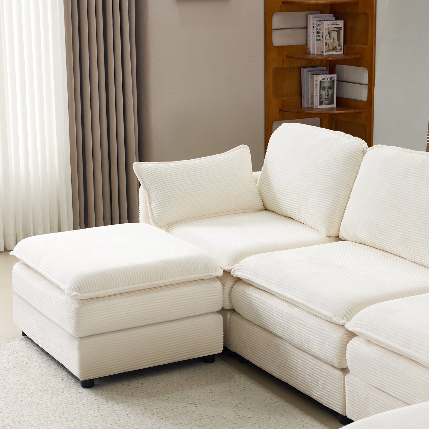 NEW 136' Plush Cloud 3-seater Sofa: Modular 4-seater Sofa + 2 Footstools with 22' Beige Chenille Cushions + 2 Throw Pillows - Compact Size for Apartment, Living Room, Bedroom (Beige)