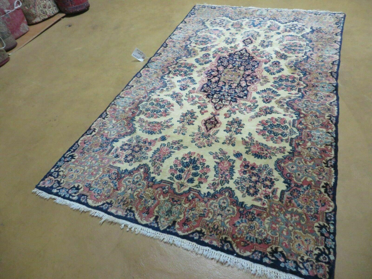 USED Antique Persian Kirman Rug 3.9 x 6.6, Floral Oriental Carpet, Ivory/Cream - Blue - Pink, Hand Knotted Wool Rug, Floral Medallion Rug 4x6