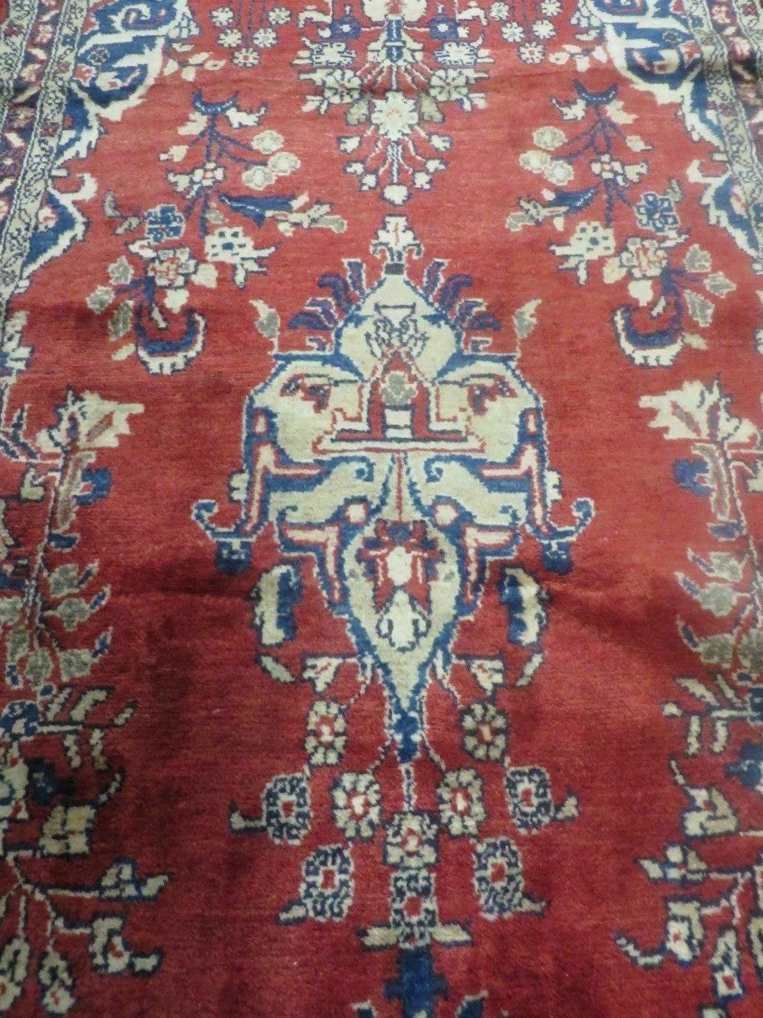 USED Persian Runner Rug 3 x 12, Antique Wool Oriental Runner, Floral Vases, Red & Navy Blue