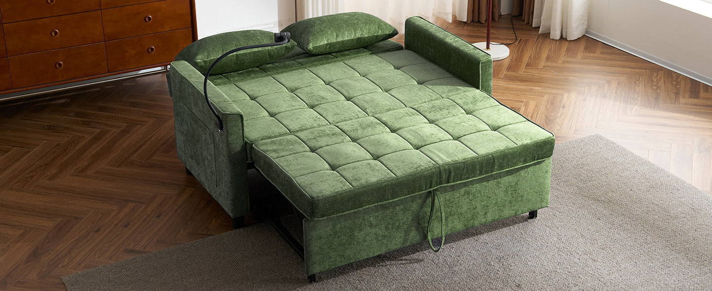 NEW 56.9' Convertible Loveseat Sofa Bed with Adjustable Backrest, USB Ports, Phone Holder, Side Pockets, Green Chenille,