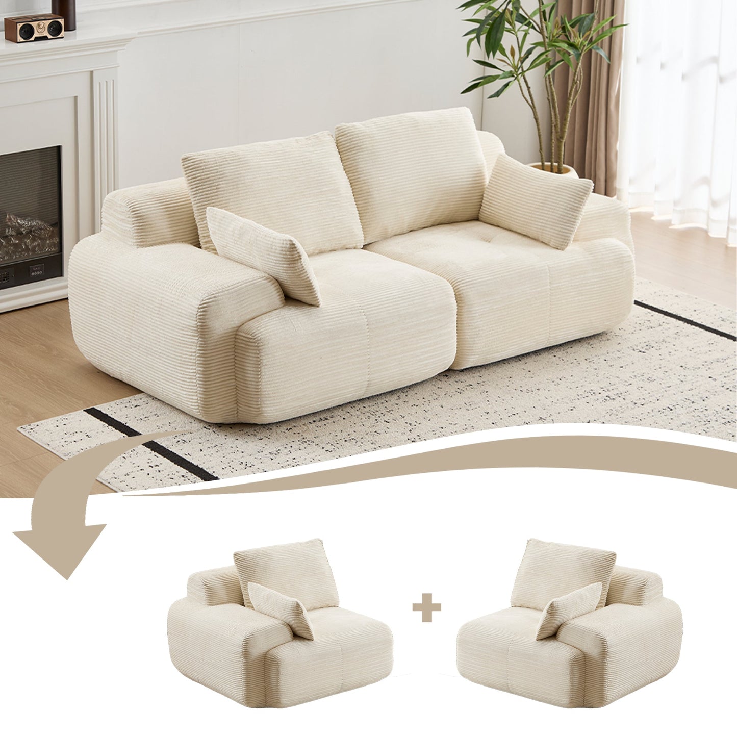 NEW Modern Beige Corduroy Fabric Memory Foam Compressed 2 Seater Large Modular Sectional Loveseat Sofa Couch