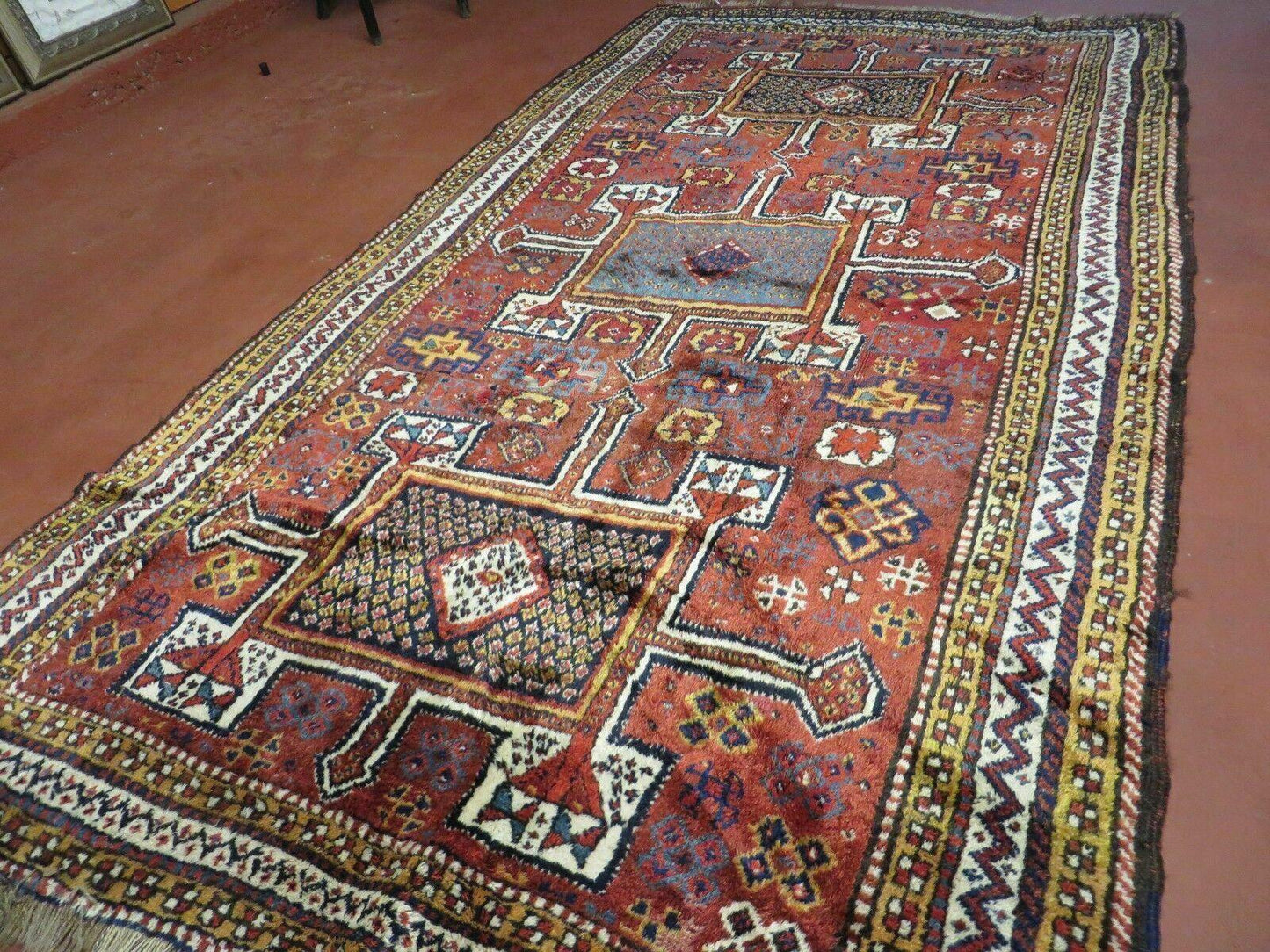 USED Antique Moroccan Runner Rug 4x9, Wide Runner, Hand Knotted Tribal Oriental Carpet, Hallway Rug, Geometric Medallions, Red, Bohemian Rug Nice
