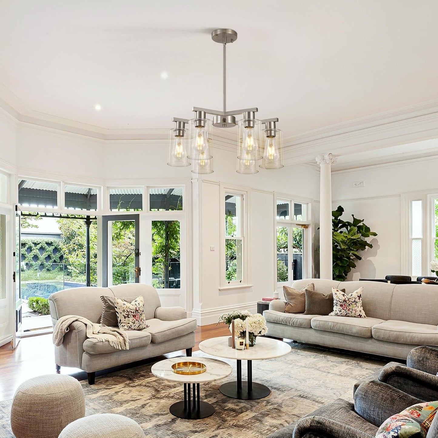 NEW 6 Light Farmhouse Brushed Nickel Pendant Chandelier