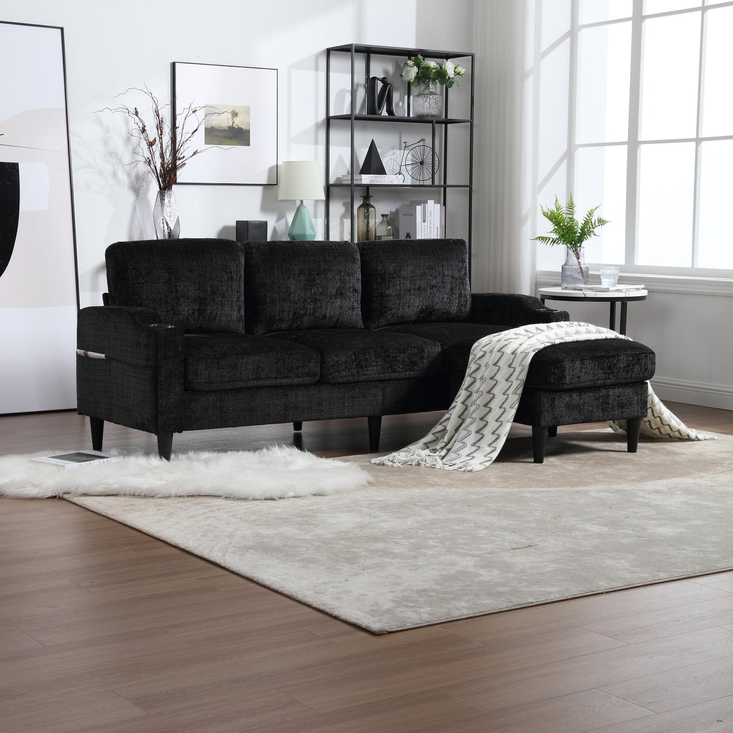 UNITED  WE WIN Sofa for three, solid wood frame, Chenille fabric, side pocket, with two cup holders, footstool with storagestorage sofa /Living room sofa cozy sectional  sofa