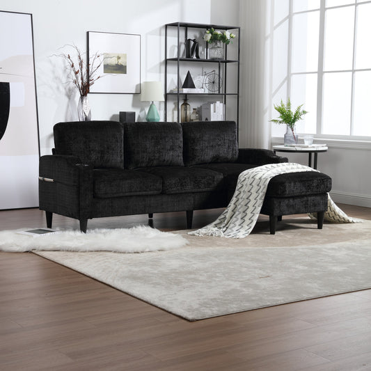 UNITED  WE WIN Sofa for three, solid wood frame, Chenille fabric, side pocket, with two cup holders, footstool with storagestorage sofa /Living room sofa cozy sectional  sofa