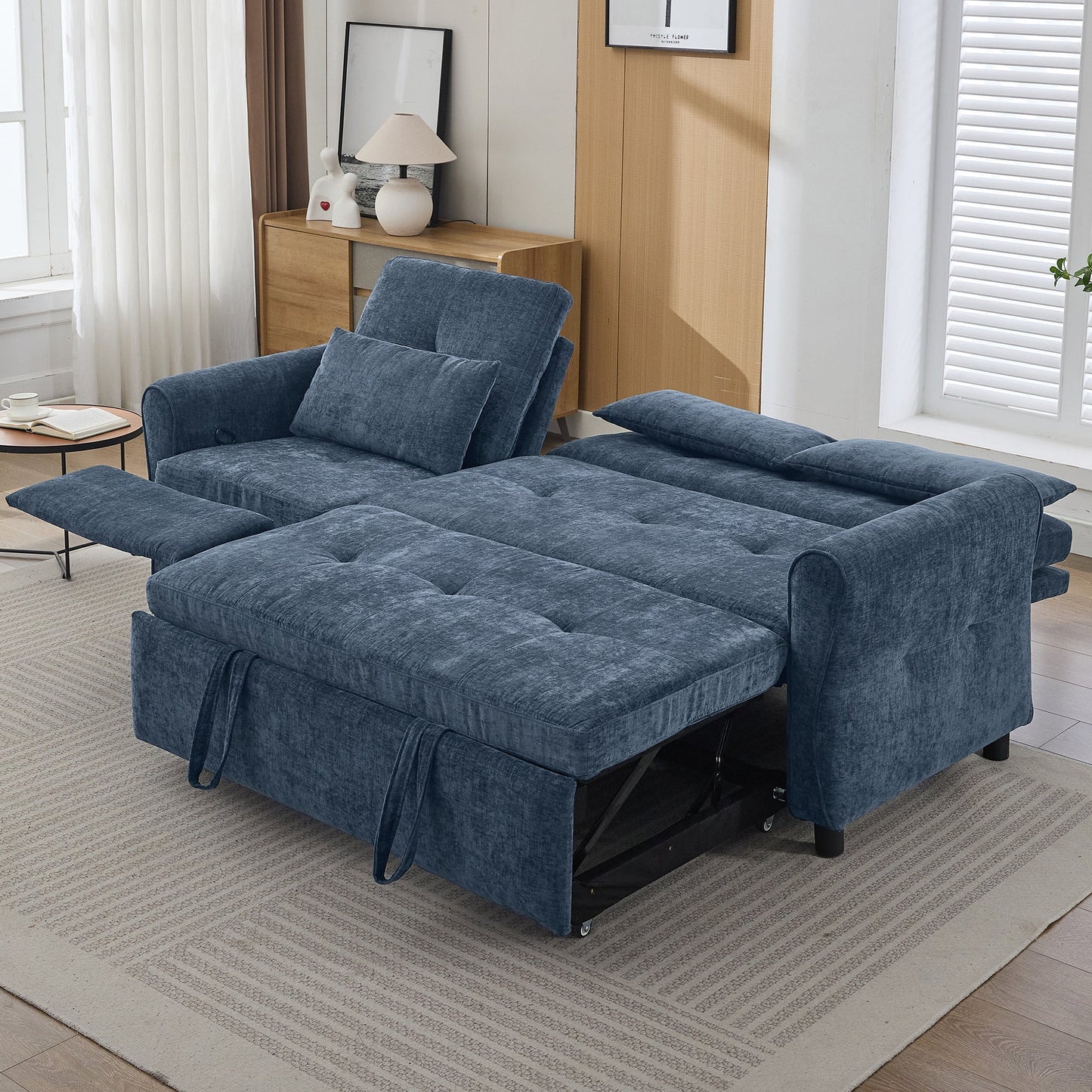 NEW 2-in-1 Sofa 82' Three-seater Sofa with Sofa Bed and Reversible Recliner, Blue Chenille