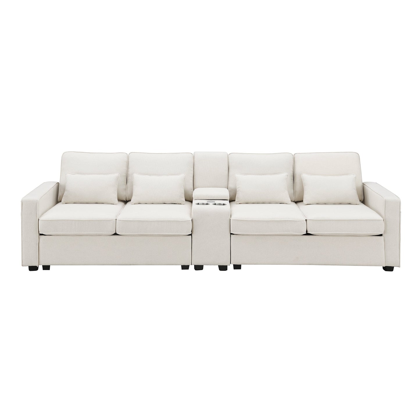 NEW Modern Linen Fabric Upholstered Sofa Couch with Console 2 Cupholders 2 USB Ports Wired or Wirelessly Charged 4 Pillows