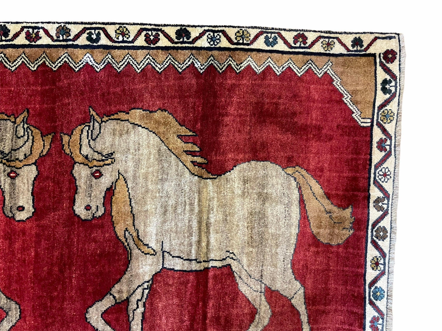 USED 4 X 6 Handmade Hand-Knotted New Vintage Rug Wool Horses Red Organic Dyes Tribal