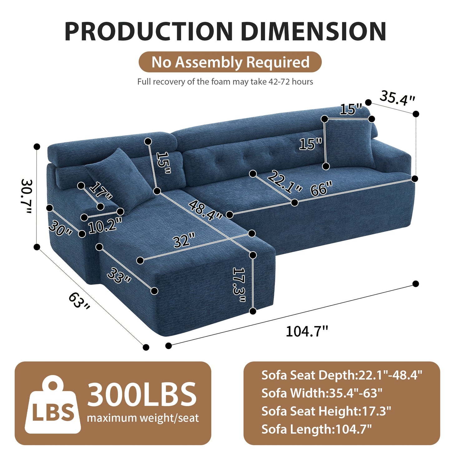 NEW 105'' Blue Cloud Sectional Couch with L-Shape Chaise Modern Modular Deep Seat Boneless Sofa