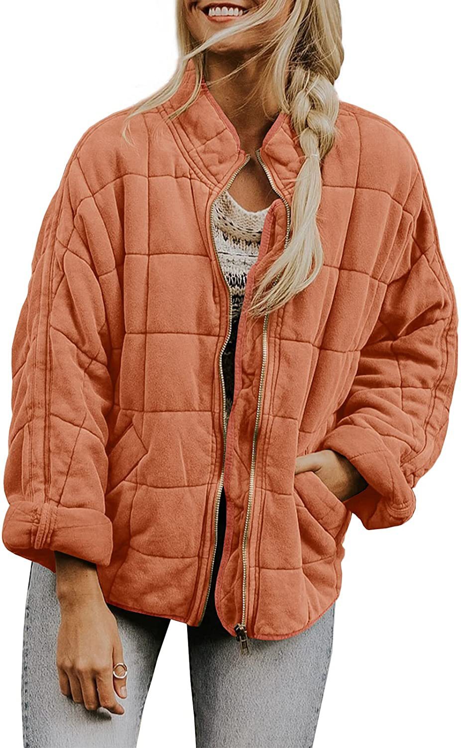 New Winter Zip-up Stand Collar Coat With Pockets Fashion Solid Color Plaid Long Sleeved Jacket Women's Clothing