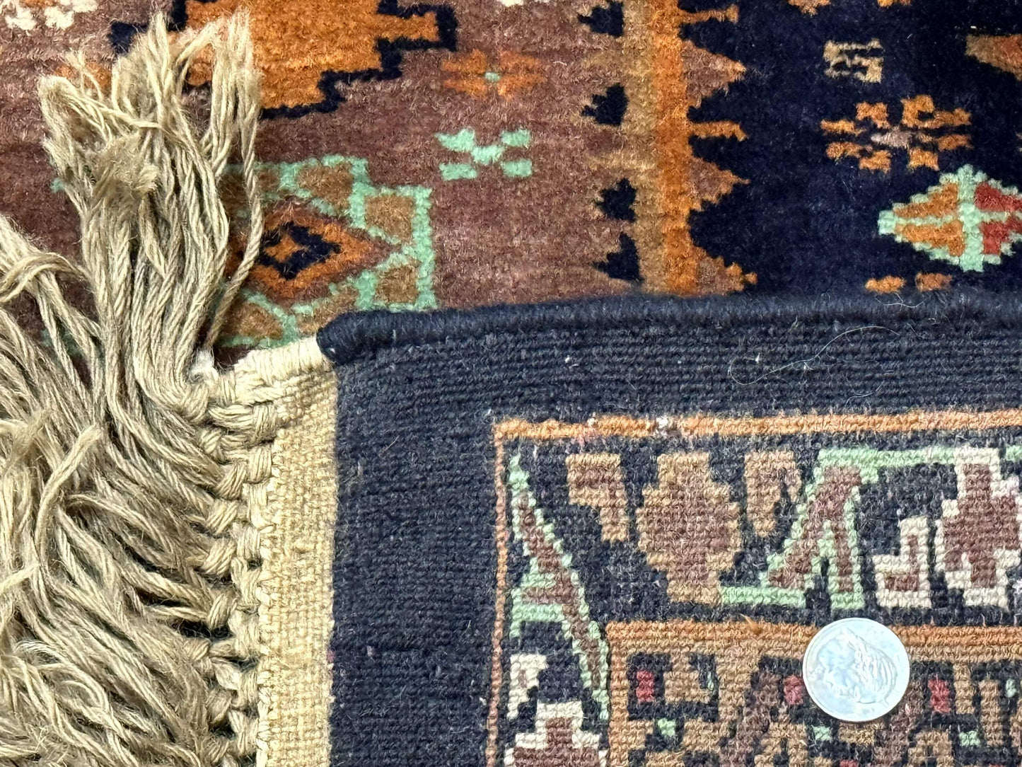 USED Vintage Afghan Rug 4x6, Navy Blue and Light Brown, Geometric Medallions, Wool on Wool, Tribal Rug