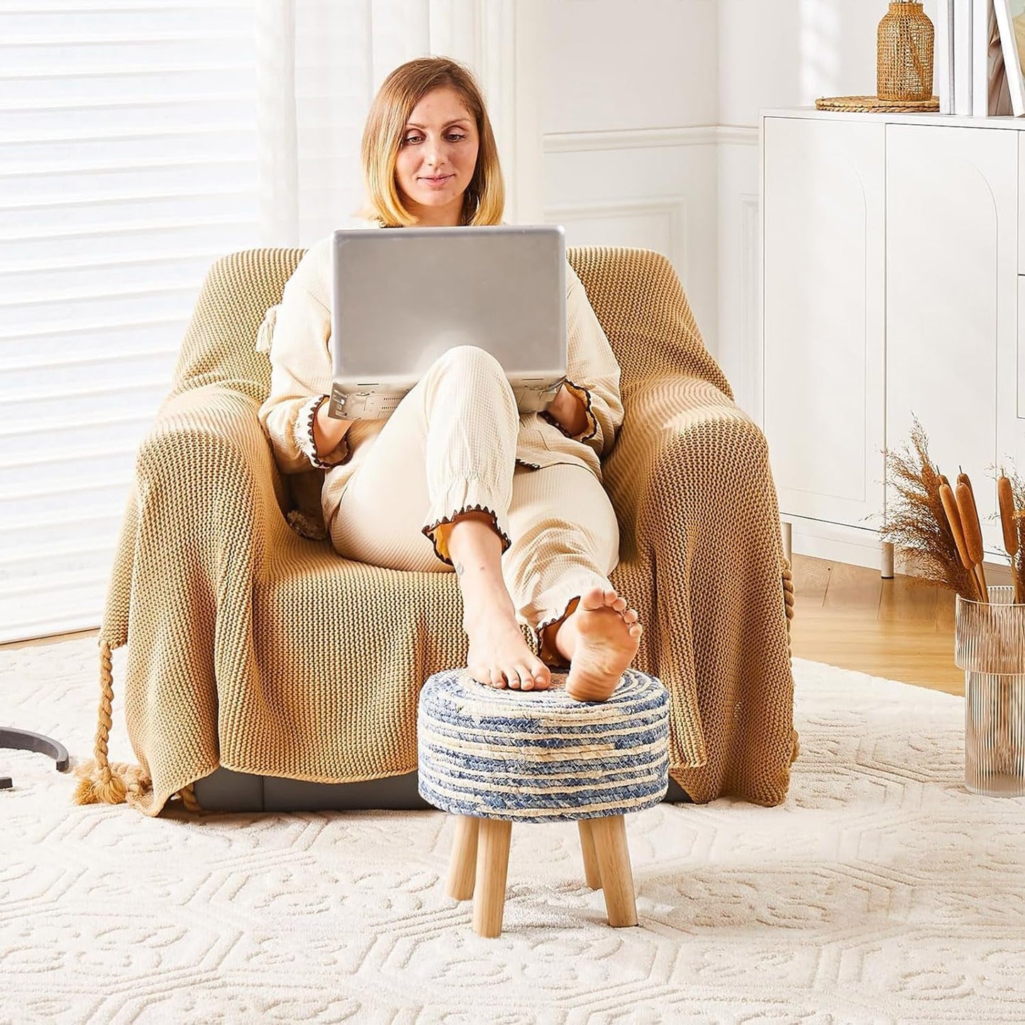 NEW Round Seagrass Ottoman Footstool Handwoven Natural Blue